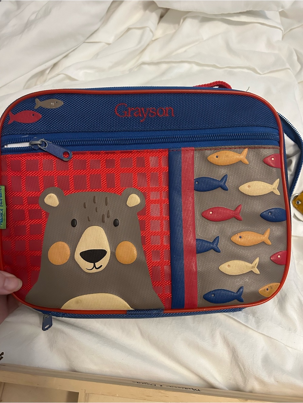 Personalized “Grayson”' Bear & Fish Blue and Red Lunch Box